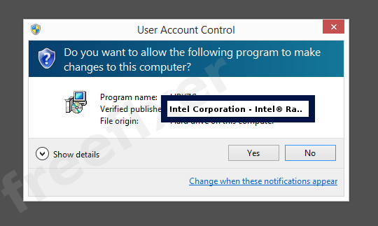 Screenshot where Intel Corporation - Intel® Rapid Storage Technology appears as the verified publisher in the UAC dialog